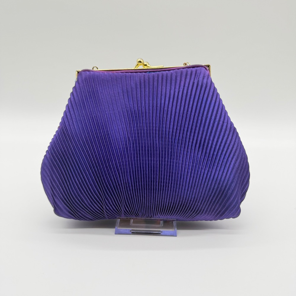 Vintage Purple Pleated Satin Evening Bag Gold Chain Kiss Lock Clutch Purse